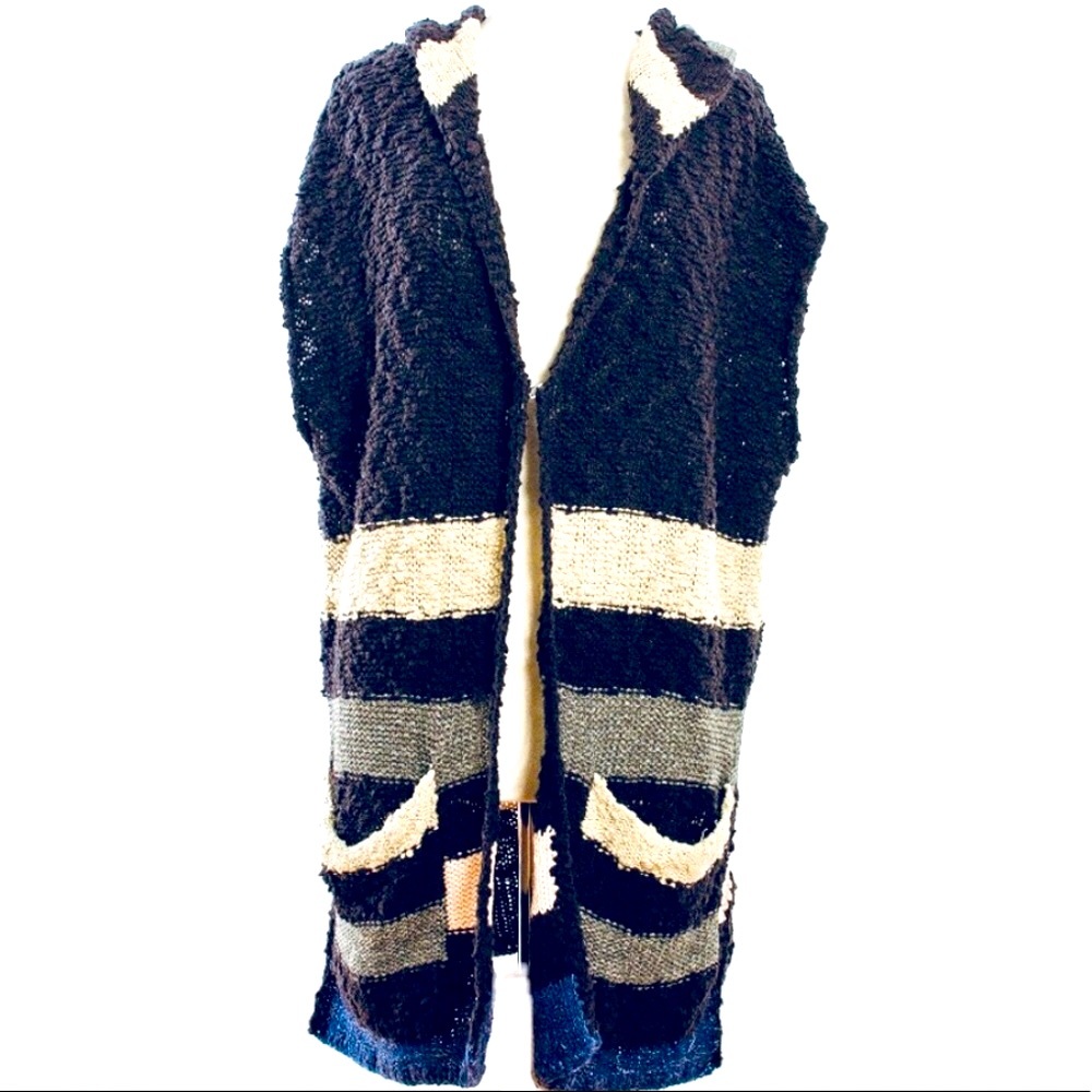 FREE PEOPLE Stripped Hooded Chunky Knit Open Sweater Long Cardigan Vest Poncho